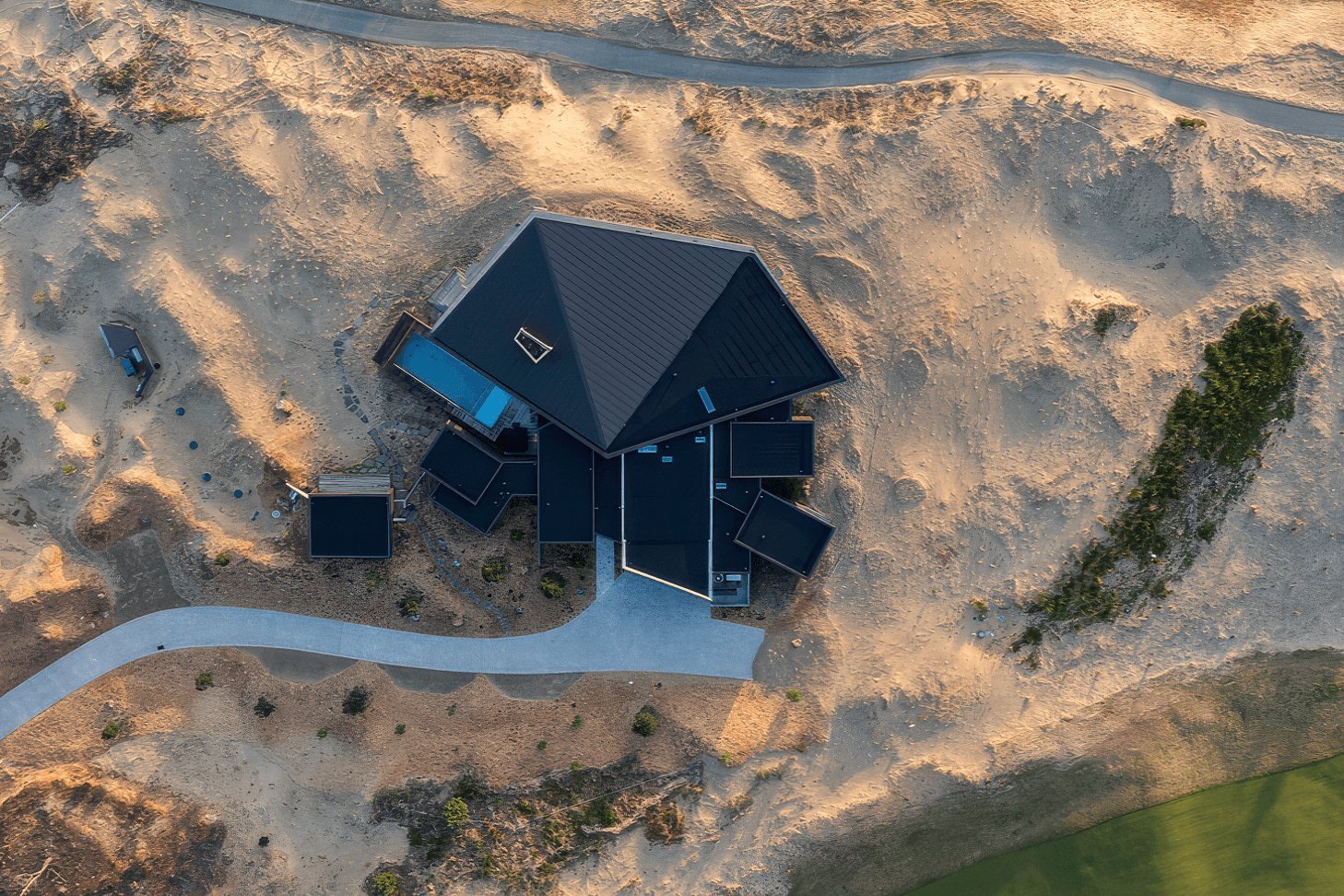 Aerial view of Whaitere's roof forms